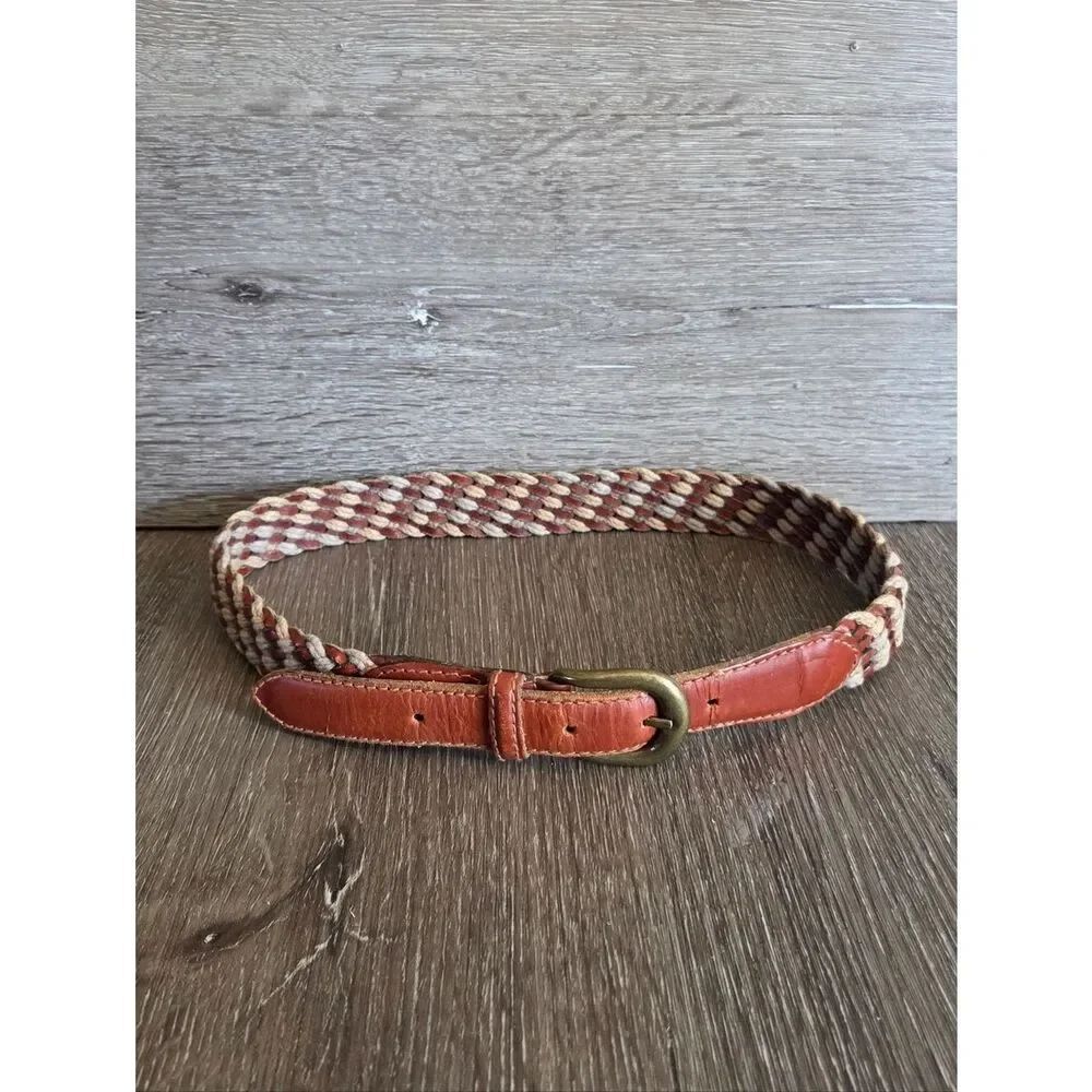 L.L. Bean Braided Woven Rope and Leather Belt  Size 28 Brass Buckle